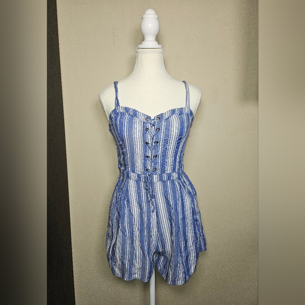 5 For $25✨️ Hollister Womens Extra Small XS White Blue Pinstripe Romper Jumpsuit